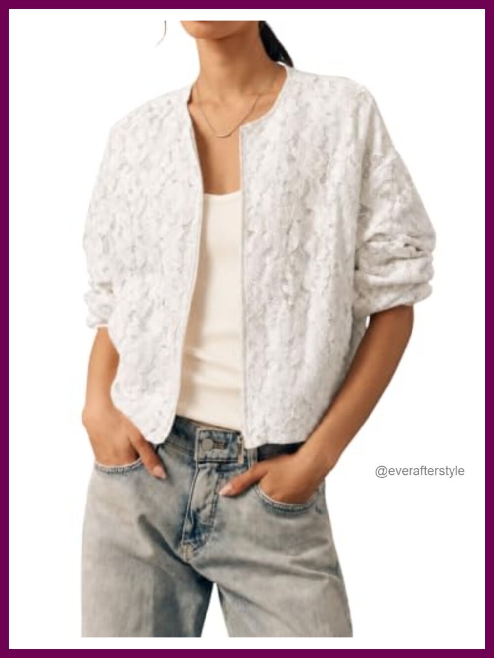 Lightweight Lace Zipper Jacket Cotton Nylon Lined Crew Neck Cropped